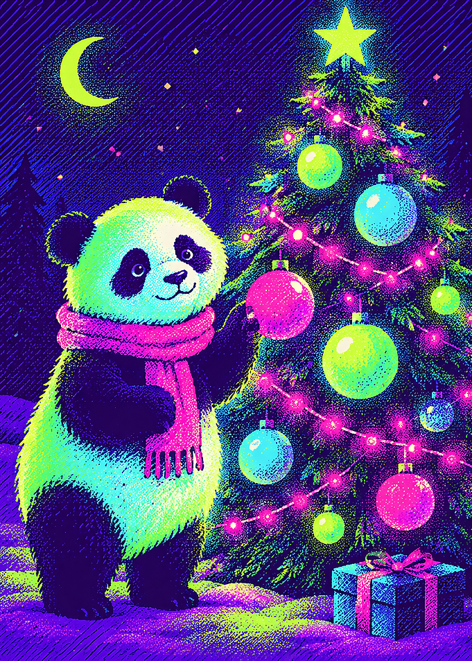Neon Panda Decorating Christmas Tree