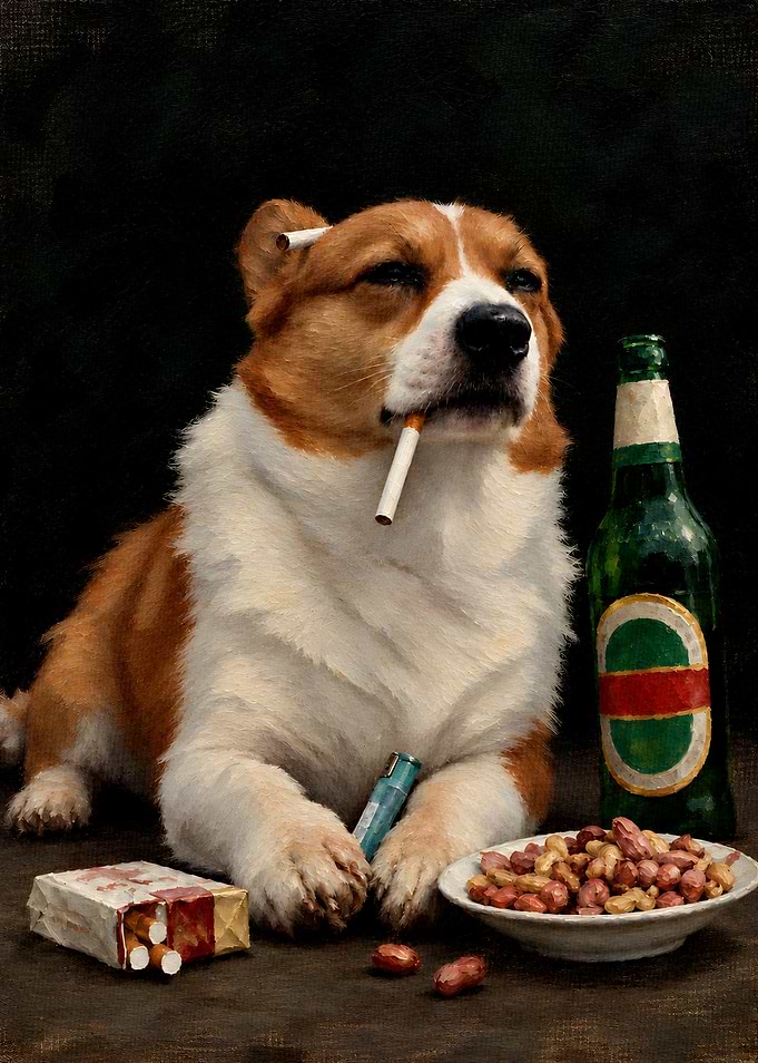 Corgi Smoking and Drinking Beer