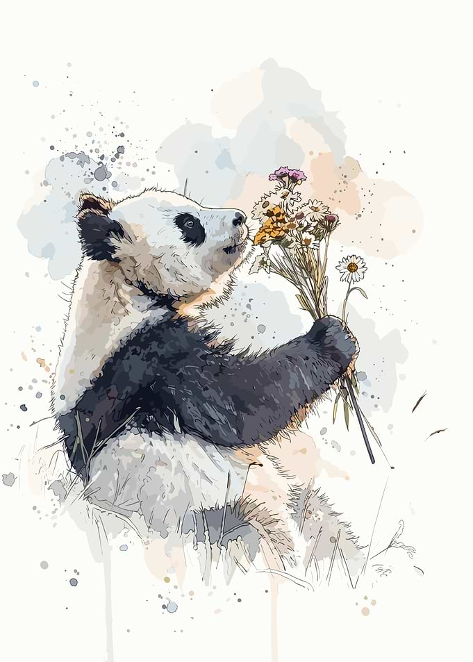 Watercolor Panda Holding Wildflowers