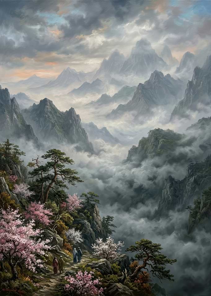 Misty Mountain Path with Cherry Blossoms