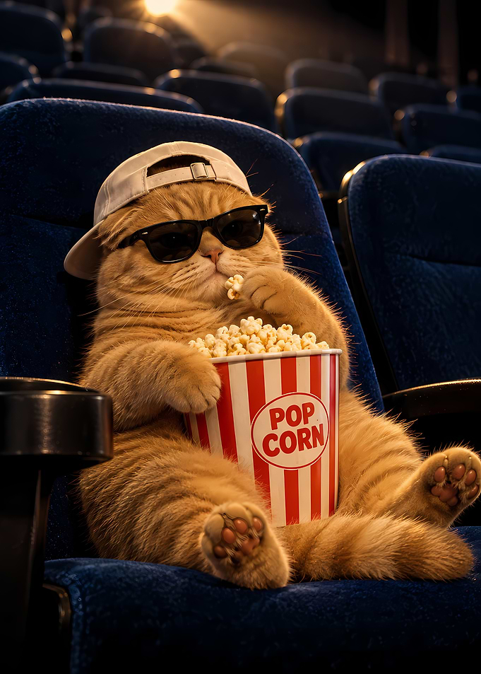 Cool Cat Eating Popcorn at Cinema