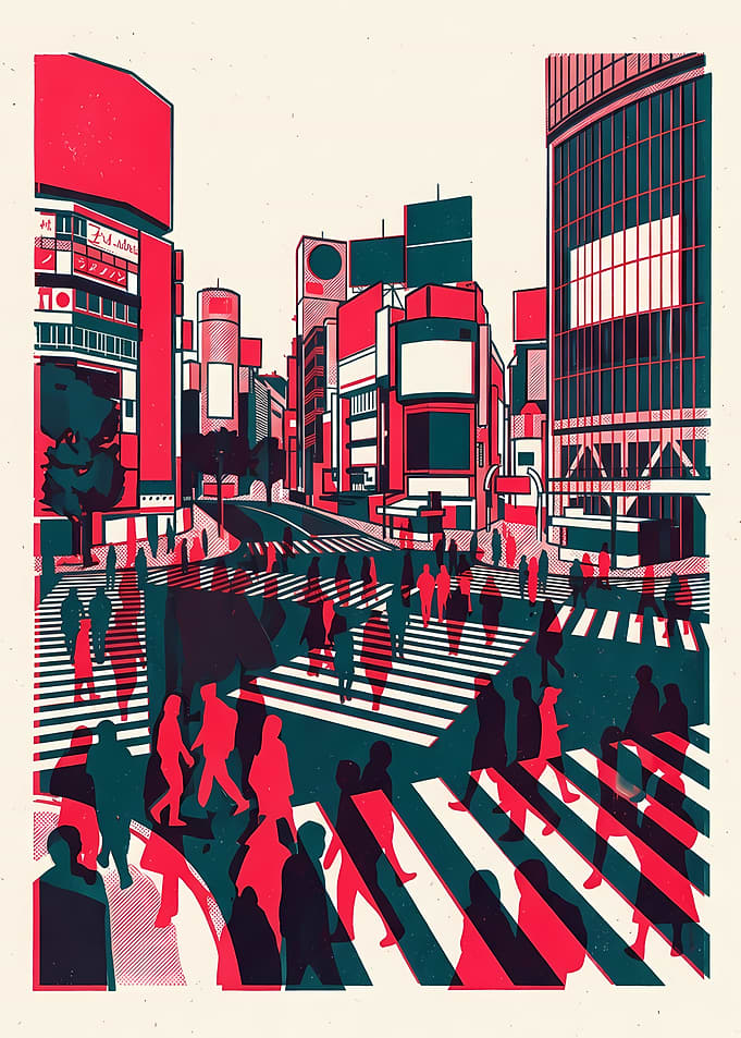 Shibuya Crossing Red and Teal Illustration