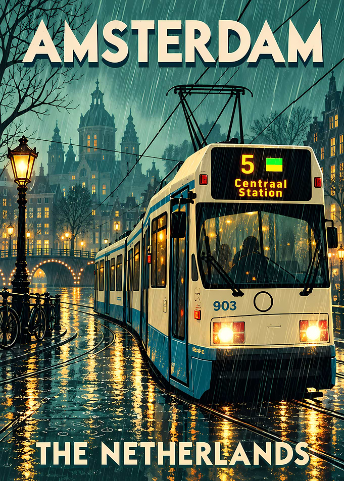 Amsterdam Tram Rainy Evening Poster
