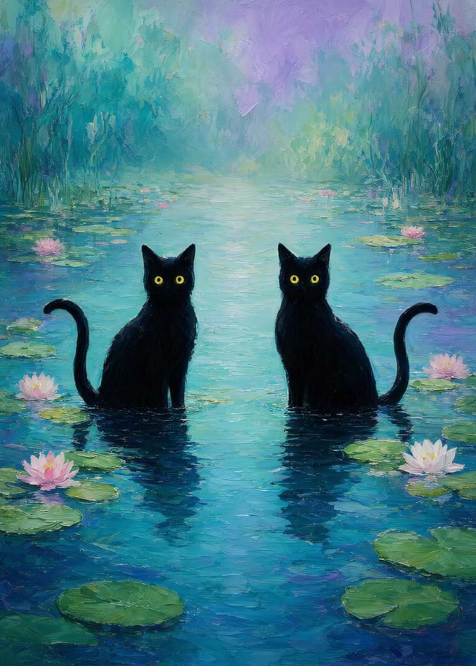 Two Black Cats in Water Lilies