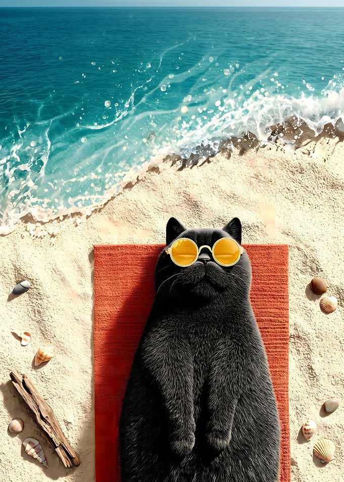Black Cat Sunbathing on Beach