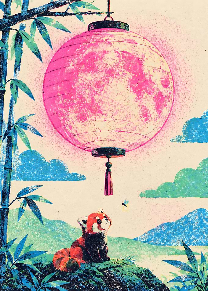 Red Panda Under Pink Moon Lantern