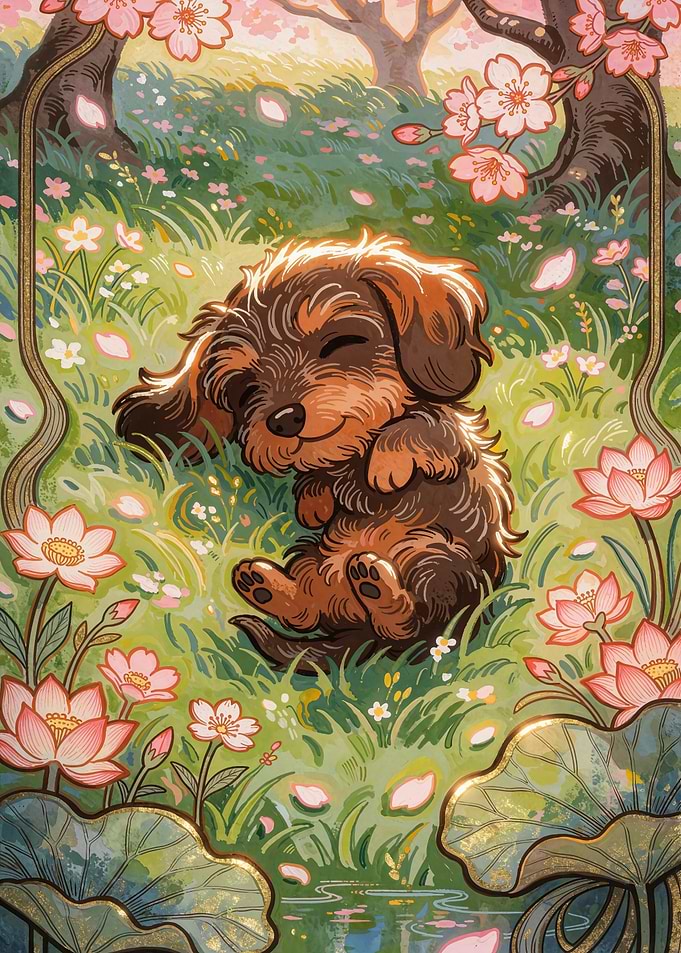 A tiny chibi wire-haired dachshund drifts in a state of pure bliss, sleeping on its back amidst a green meadow