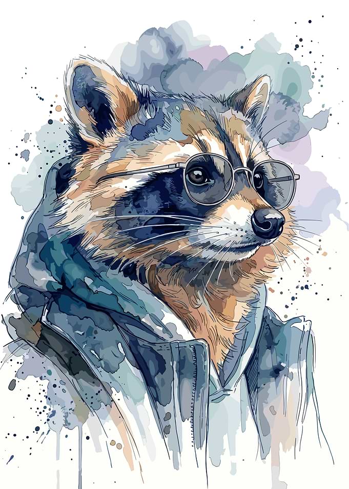 Watercolor Raccoon Wearing Glasses and Hoodie