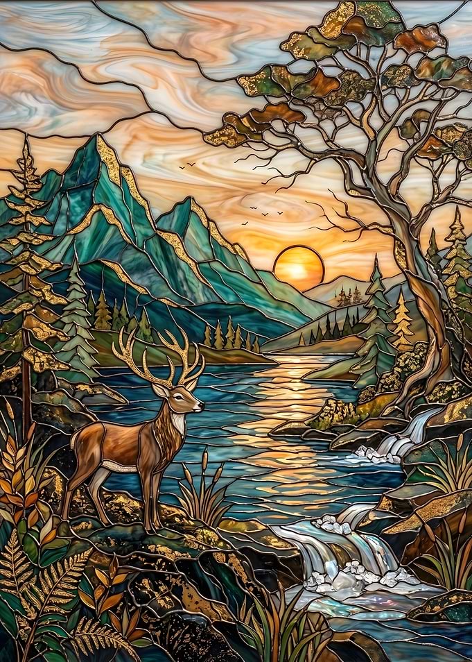 Stained Glass Deer Mountain Landscape