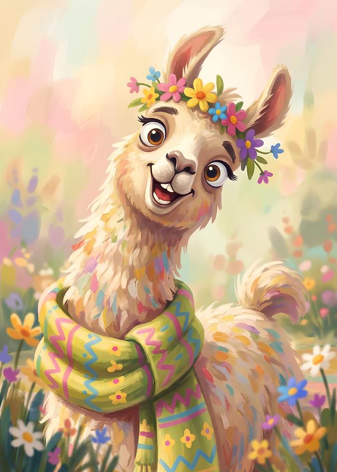 Smiling Llama with Flower Crown