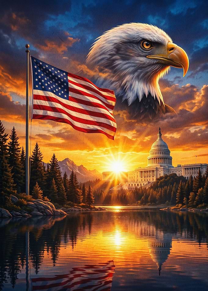 American Eagle USA Flag Sunset Art