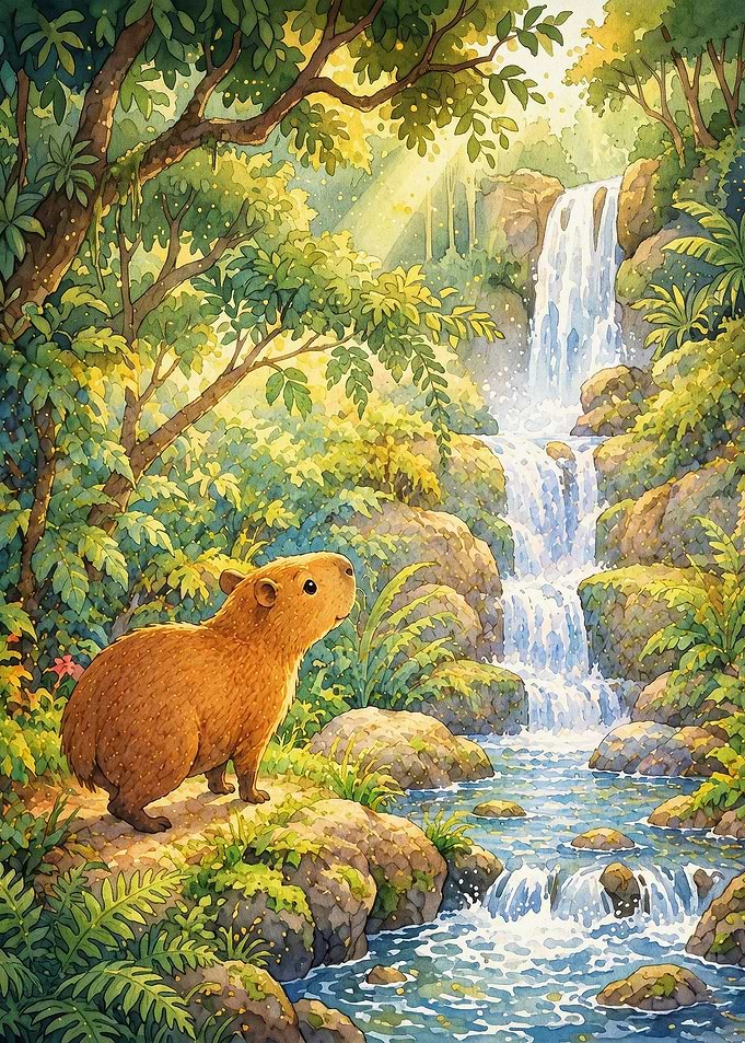 Capybara Waterfall Nature Cute Art