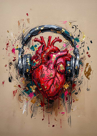 Anatomical Heart Wearing Headphones Art
