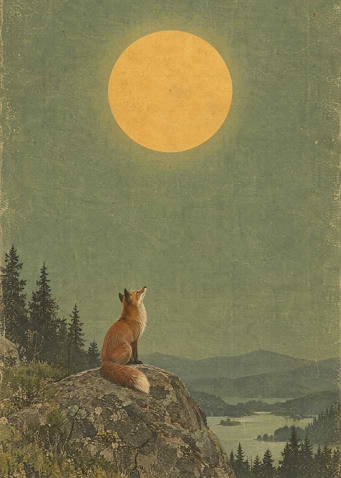 Fox gazing at the full moon
