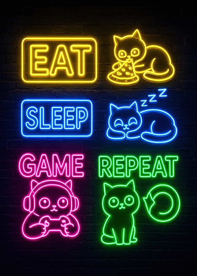 Eat Sleep Game Repeat Neon Cats