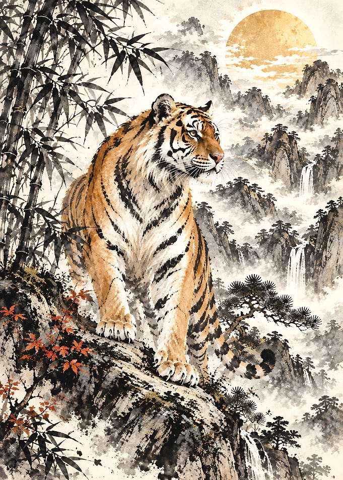 Majestic Tiger in Traditional Ink Landscape