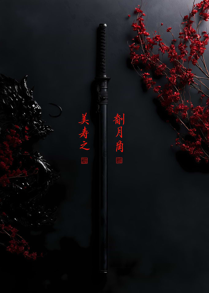 Black Katana with Red Floral Accents