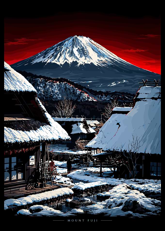 Mount Fuji Winter Village Poster
