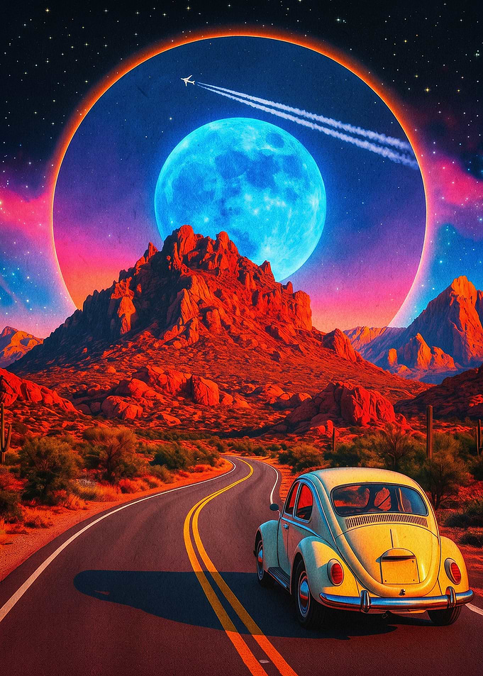 Desert Road Moon Synthwave Art