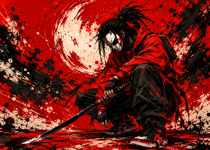 Masked Samurai Warrior in Red Hoodie