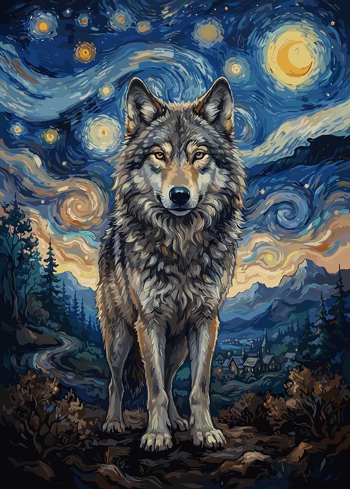 Wolf in Starry Night Style