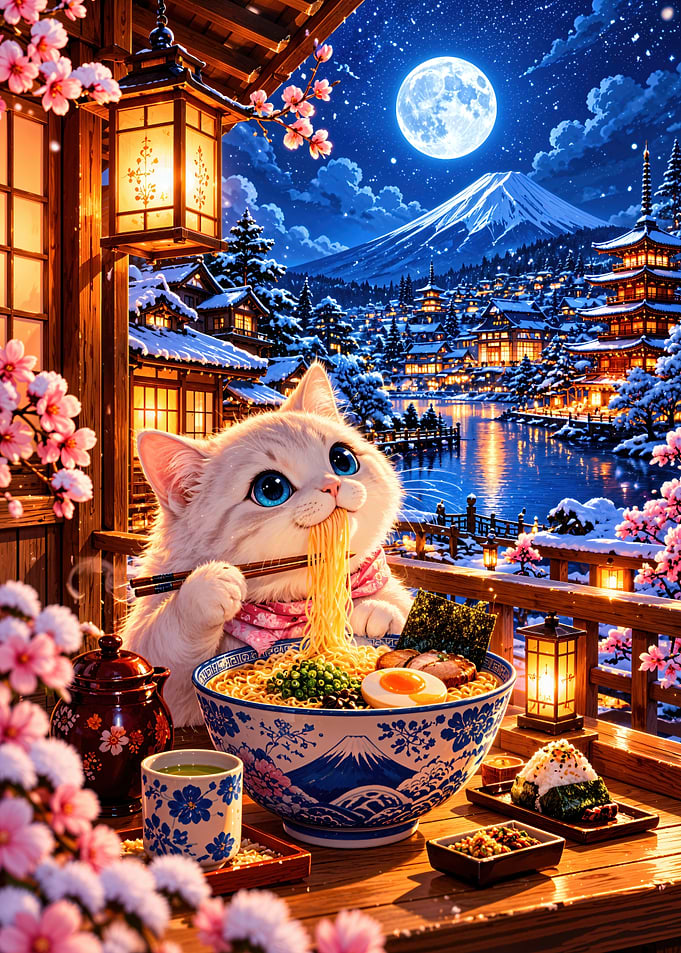 Cute Cat Eating Ramen in Japan