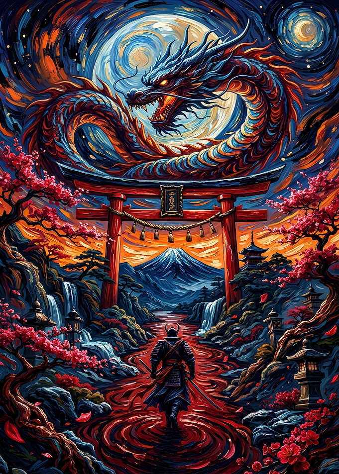 Samurai Facing Dragon at Torii Gate