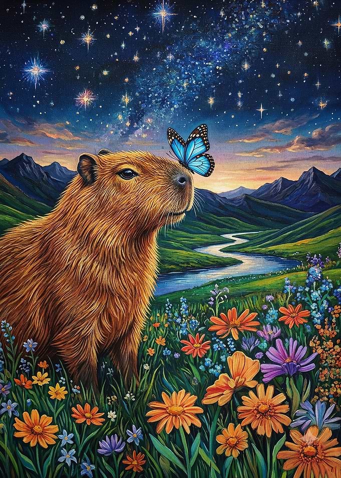 Capybara Butterfly Starry Night Art