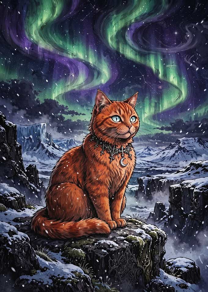 Cat Aurora Fantasy Art Poster