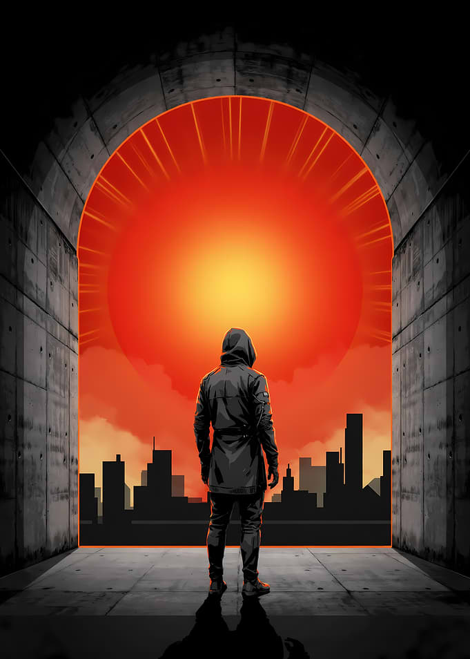 Hooded Figure Facing Glowing City Sunset
