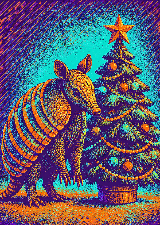 Armadillo Standing Beside Christmas Tree