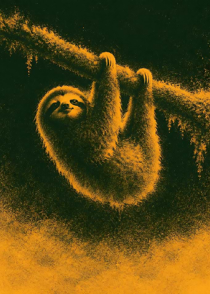 Golden Sloth Hanging on Branch