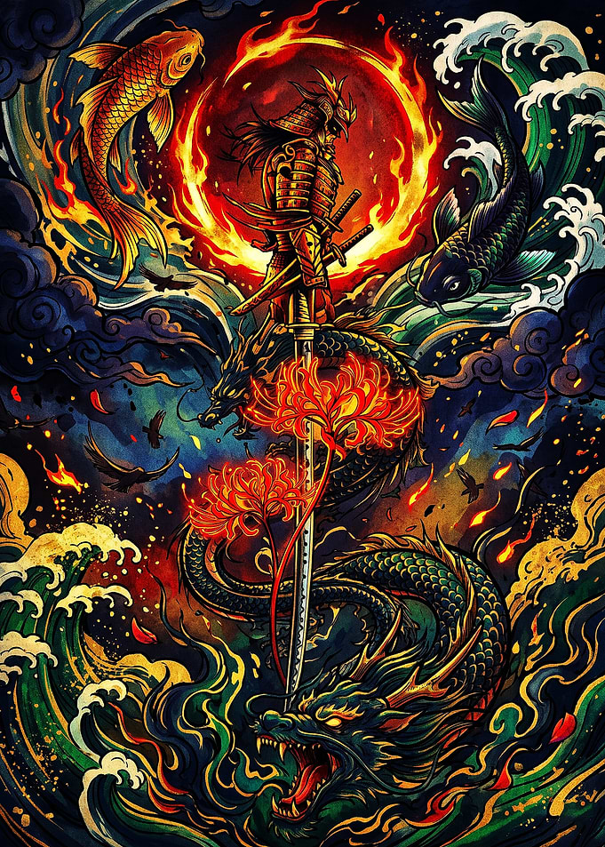 Samurai Dragon and Koi Art