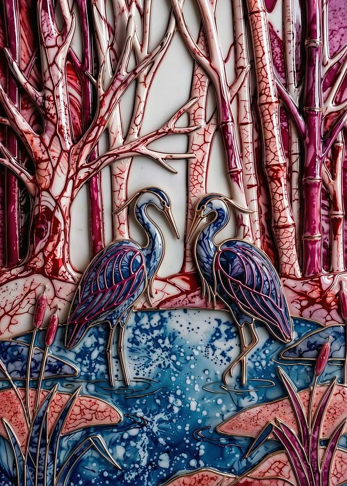 Stained Glass Herons – Japanese Nature Art – Abstract Fantasy #16