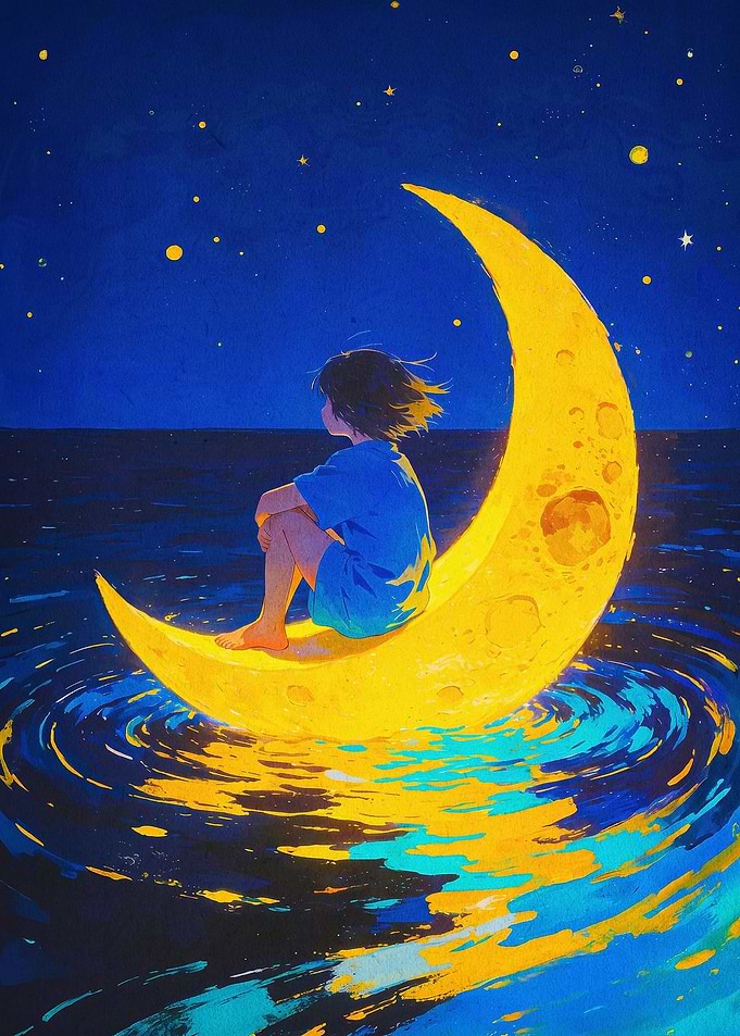 Girl on Moon Night Sky Art Poster