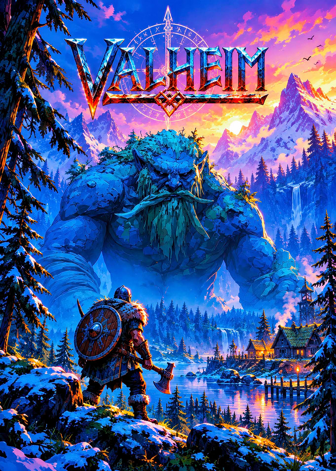 Valheim Viking Warrior and Giant Troll