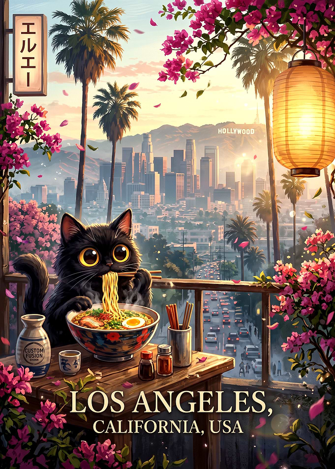 Black Cat Eating Ramen in LA