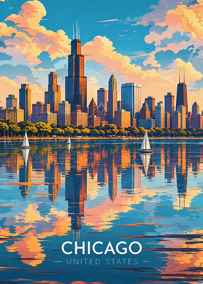 Chicago Skyline Sunset Travel Poster