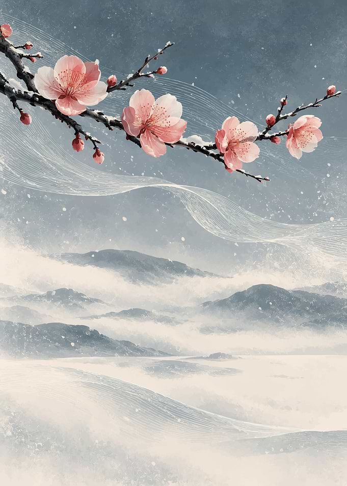 Plum Blossoms Over Misty Mountains