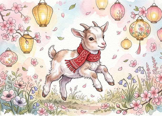 Cute Baby Goat in Spring Garden