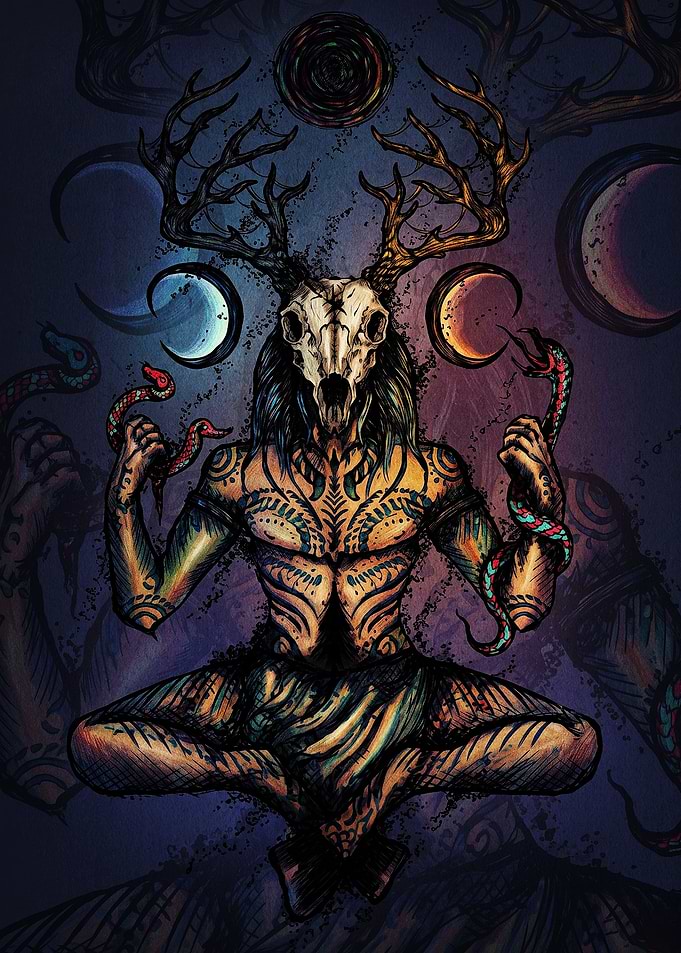 Shamanic Deer Skull Deity Illustration