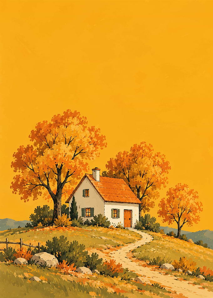 Cozy Cottage in Autumn Landscape