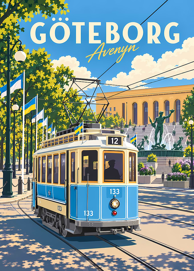 Vintage Gothenburg Tram Travel Poster