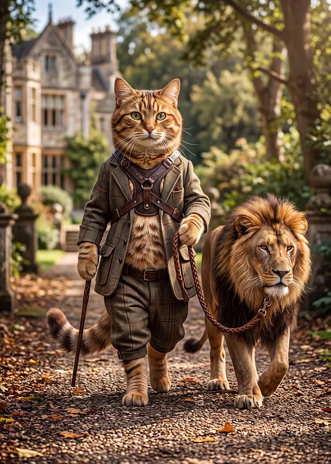 Dapper Cat Walking a Lion