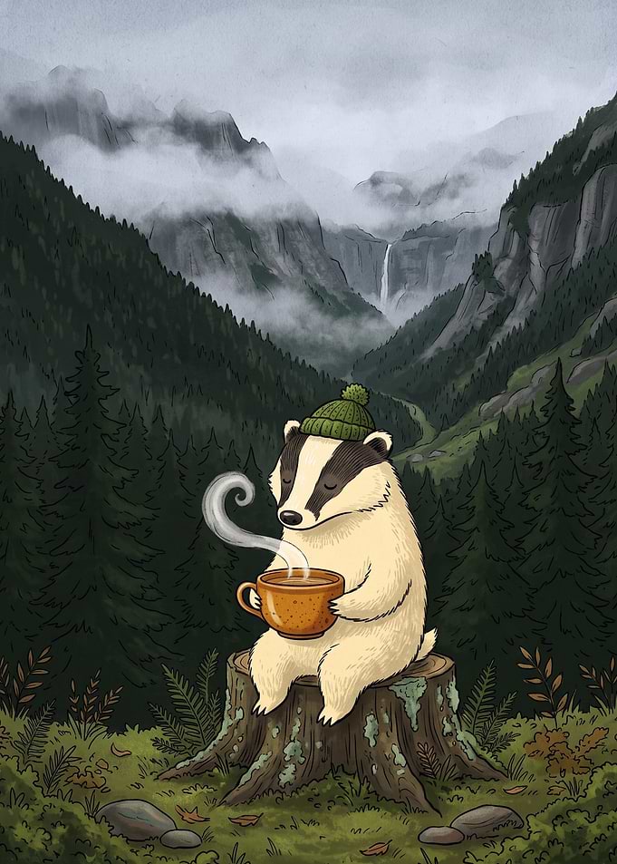 Badger enjoying coffee in the mountains