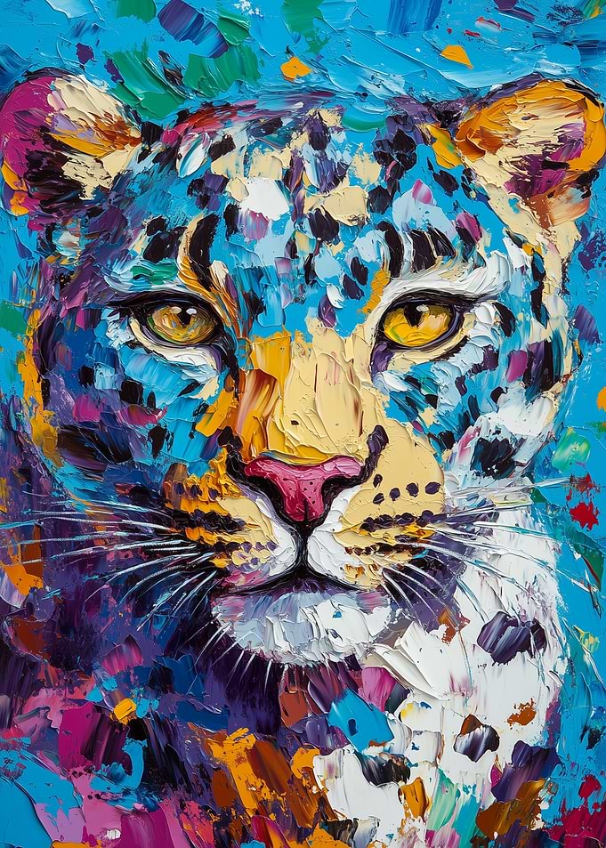 Colorful Snow Leopard Portrait Abstract Impasto
