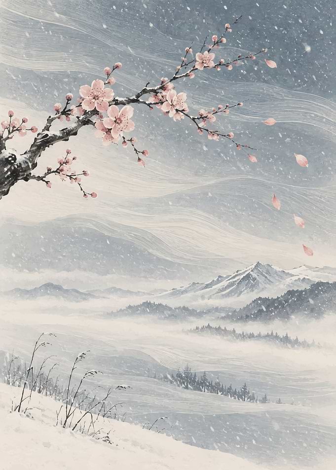 Cherry Blossoms in Snowy Mountains