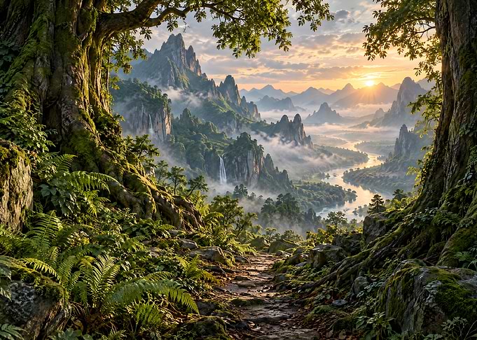 Misty Mountain Valley at Sunset