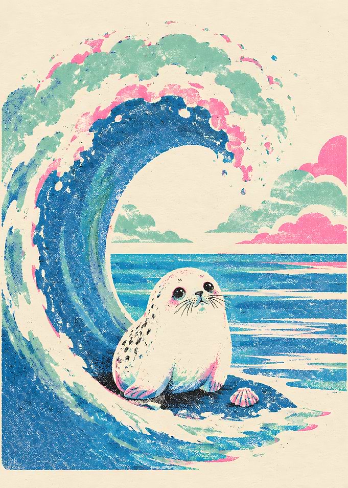 Cute Baby Seal Surfing Wave