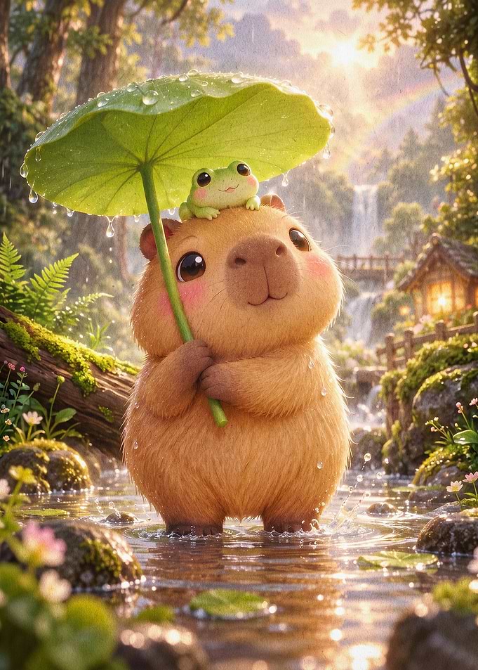 Capybara Frog Leaf Cute Fantasy Art